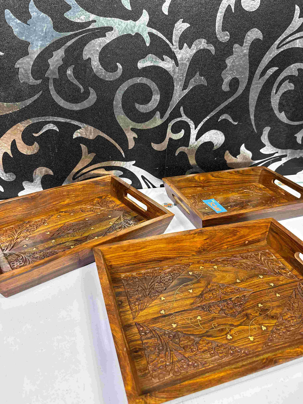 Wooden brass tray set of 3
